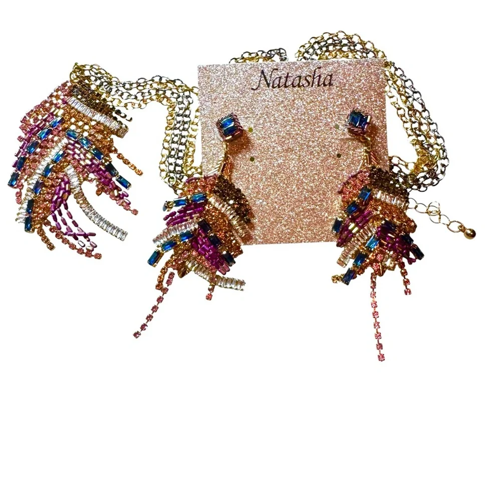 Natasha Couture Purple and Gold Beaded Feather Necklace:Earring Set, NWT - Picture 2 of 7